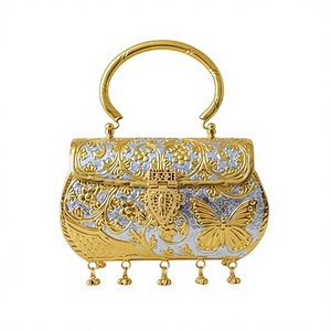Handmade Metal Evening <b>Bag</b> With Floral Filigree Design Ring Handle Flap Closure Elegant Half Moon Shape Party Clutch - Product Image 2