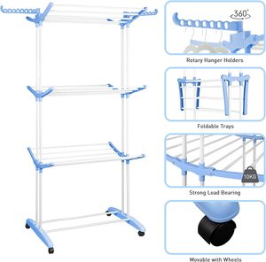 Stendibiancheria a 3 Ripiani con Ruote e Ganci Appendiabiti Extra Stendino Multiuso per Vestiti - Product Image 2