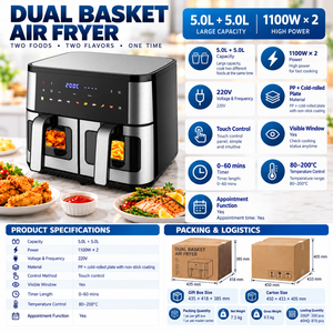 Nuevo Diseño, Freidora de Aire Doméstica de 5.0L Plus 5.0L, 1100W X 2, para Uso en la Cocina, Certificada por CB, CE, ROHS, LFGB, REACH, ERP, KA23064 - Product Image 2