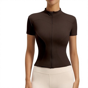 Wholesale Women Full Zip Stand Collar Short Sleeve <b>Yoga</b> Crop <b>Jackets</b> Slim Fit Quick Dry Athletic Tops Stretchy Gym Workout Tee - Product Image 1