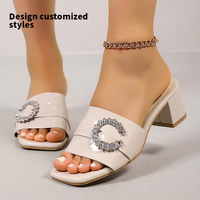 Nouvelles pantoufles de luxe sexy pour femme à talons hauts et épais, avec dessus en diamant artificiel à grosses particules en forme de C A-SH-052