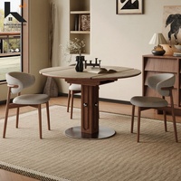 Table à manger extensible avec plateau en pierre frittée et base en bois massif, style moderne vintage