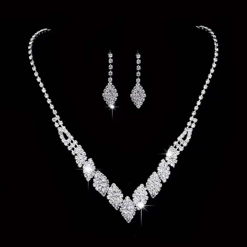 New bridal set jewelry, rhinestone necklace earrings bracelet set, wedding crystal flower cluster set ornaments