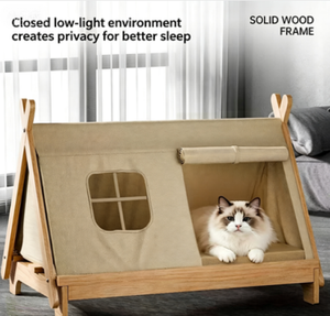 Solid Wood Cat <b>Bed</b> Tent Elevated Pet <b>Cave</b> With Removable Washable Cover For Indoor Cats Minimalist Design - Product Image 1