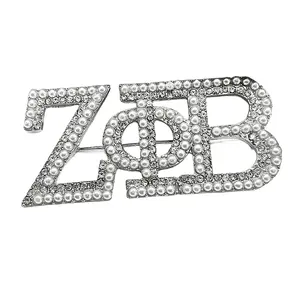 Low Price Wholesale Silver Tone Zeta Phi Beta Inspired Pin Pearl Rhinestone Inlaid Custom Letter Designer ZPB Sorority Brooch
