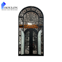 Porte d'entrée classique cintrée de qualité supérieure avec motifs sculptés complexes, panneaux en verre et construction durable pour toutes les maisons