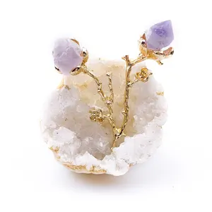Agate crystal hole flower branch set amethyst yellow rabbit hair black tourmaline small raw stone small ornaments