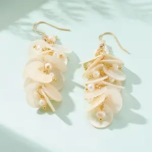 PandaHall Flat Round Golden Natural Pearl Beads Natural Capiz Shell Cluster Earrings