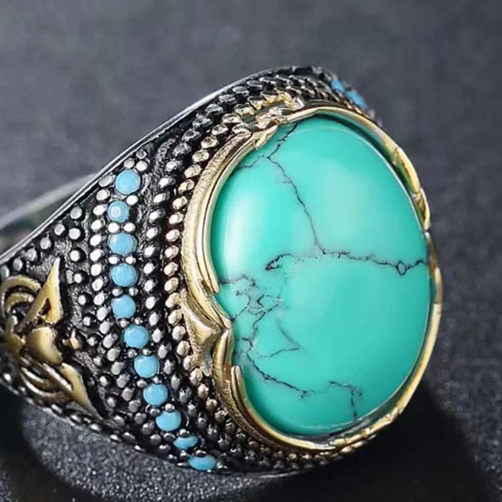 Retro Punk Euro-American Explosive Gem Turquoise Stainless Steel Men Ring Emerald Ring Men