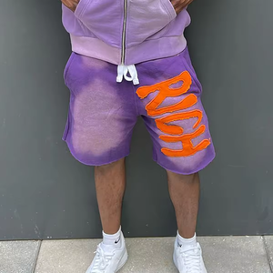 कस्टम विंटेज सन डाई फेड स्वेट कॉटन शॉर्ट्स डिस्ट्रेस्ड कट एज एप्लिक कढ़ाई पफ प्रिंटिंग पुरुषों के एसिड वॉश शॉर्ट्स - Product Image 4