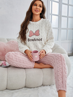 Pyjama thermique d'hiver en flanelle pour femme, 100 % polyester, 220 g, uni, col lisse, tricot doux, manches longues, longueur intégrale, avec cordon de serrage