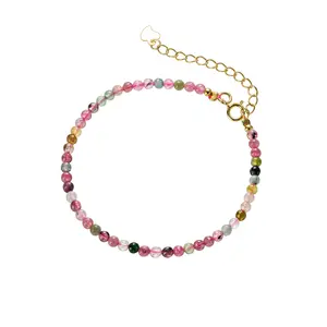 Pulseira de contas de melancia natural, multicolorida, pulseira ajustável de turmalina, em prata esterlina 925