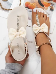 Summer Women Thong <b>Sandals</b> Bow Rhinestone Detail <b>Elastic</b> Ankle Band Flat <b>Sandals</b> For Beach Holiday Daily Outfit - Product Image 4