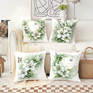 Elegant white lily and butterfly patterned throw pillows for cozy living room decor - Product Image 2