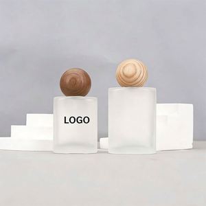 Luxury Refillable Glass Perfume Bottle 30ml/50ml Square <b>Flat</b> Empty clear Frosted Spray Bottle with <b>Screw</b> Neck and Round Wood Cap - Product Image 1