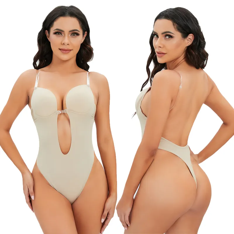 Lingerie Bodysuit Tanpa Lengan Bantalan Bustier Bra Backless Cup Terbuka Thong Nude Wanita Ukuran Plus