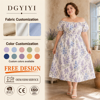 Robe florale pour femmes, grande taille, en coton et lin, imprimée, coupe trapèze, épaules dénudées, manches bouffantes, longueur midi, pour l'été, avec logo personnalisé OEM