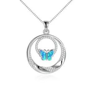 White Gold Plated Real Opal Jewelry Women 925 Sterling Silver Butterfly Pendant Necklace