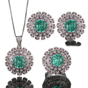 Fashion Jewelry Eco-friendly Copper <b>Silver</b> Plated 14-10mm Green Zircon Flower Necklace and <b>Earrings</b> 3 Piece Wedding Ring Set Tu - Product Image 2