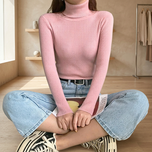 เสื้อไหมพรมคอเต่าทรงสลิม สไตล์วินเทจ ฮาราจูกุ สำหรับผู้หญิง สีชมพู ดีไซน์เรียบหรู  ใส่ได้ทั้งฤดูใบไม้ร่วงและฤดูหนาว - Product Image 2