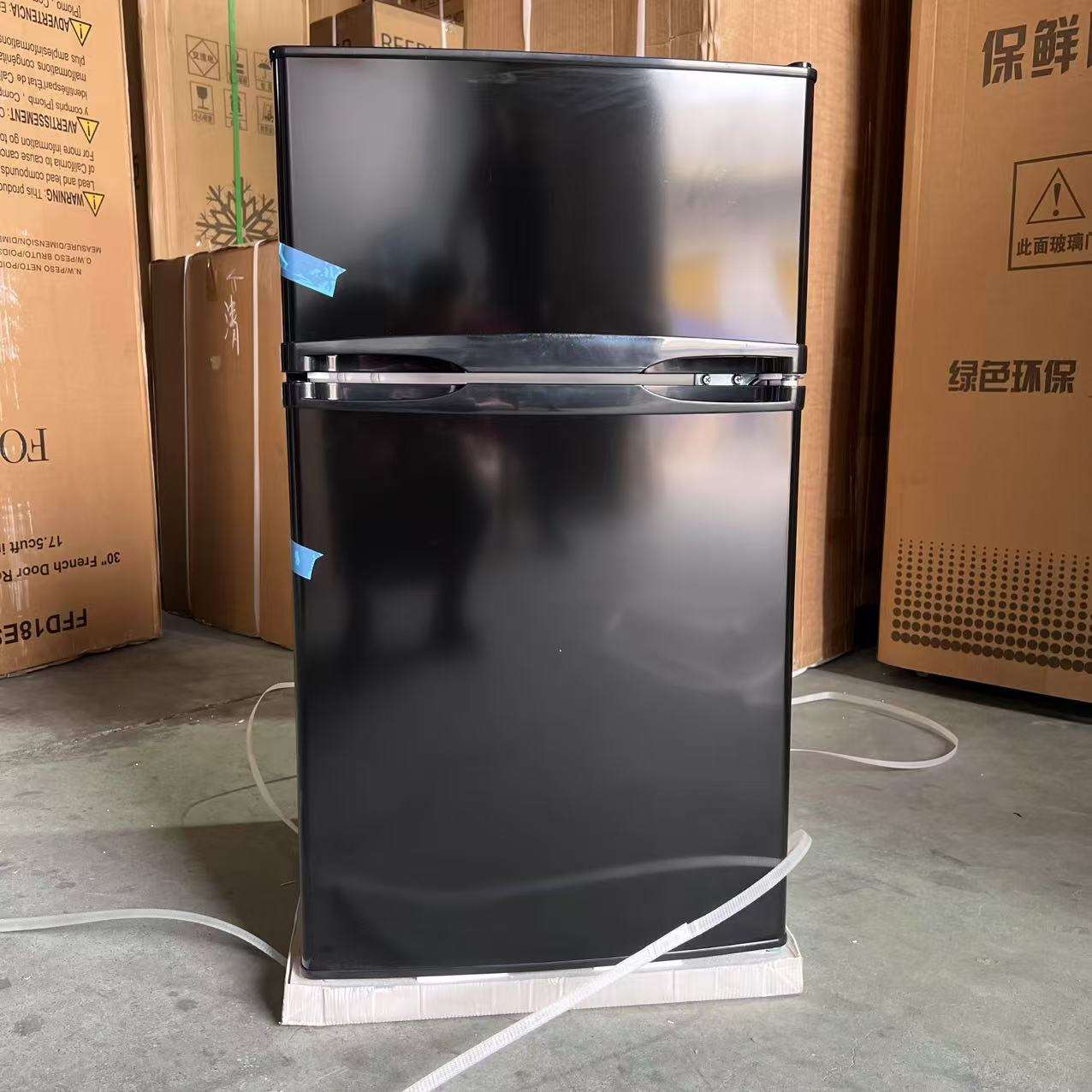Black Refrigerator Double door Mini Bar Fridge 90L Top Freezer  Support Wide Power Source 110-240V 50/60HZ