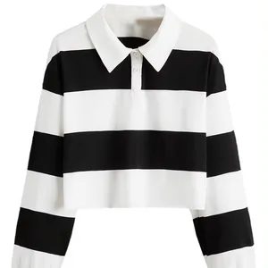 Custom Women's Long Sleeve Black And White Striped Polo Shirt-Sport Style Breathable Quick Dry And Compressed Weave