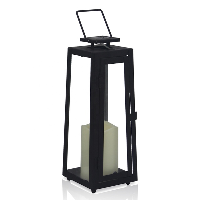 Garden Decorative Rechargeable Big Black Outdoor Waterproof Floor Metal Solar Candle Holder Lantern With LED Candle
