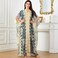 4053 moyen-orient Plus vêtements pour femmes transfrontalière longue robe musulmane Abaya col en v imprimé manches Batball robe islamique