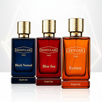 Flacon de parfum en verre de luxe ODM à fond épais, 50 ml, 100 ml, coloré, bleu foncé, ambre, rose, avec bouchon en zamac doré