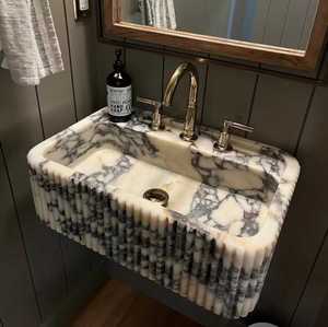 Lavabo en marbre Calacatta Viola <span class=keywords><strong>de</strong></span> luxe <span class=keywords><strong>haut</strong></span> <span class=keywords><strong>de</strong></span> <span class=keywords><strong>gamme</strong></span>, <span class=keywords><strong>design</strong></span> moderne, lavabo cannelé, salle <span class=keywords><strong>de</strong></span> bain, pierre naturelle, lavabo mural - Product Image 2