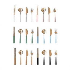 American Luxury Stainless Steel Satin Polish Flatware Set Portuguese Gold Pink Cutlery for Steak 24pcs Including Fork Chopsticks - Product Image 1