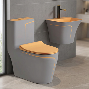 Ensemble WC monobloc et lavabo mural gris de luxe avec ligne dorée pour hôtels étoilés - Product Image 2