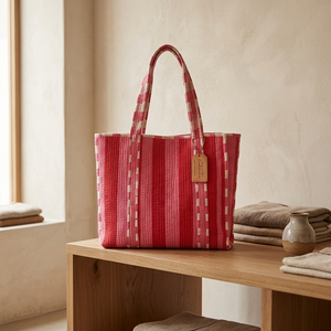 Bolso Tote Rojo de Algodón Sólido Estilo Bohemio con Parte Superior Abierta para Viajes, Compras, Verano y Todas las Estaciones, Diseño de Bloques Hechos a Mano - Product Image 1
