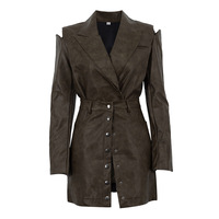 Ensemble élégant 2026 : Blazer à manches longues et mini-jupe taille haute en similicuir PU kaki, coupe ample, pour le bureau, deux pièces pour femme