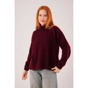 Pull basique en maille bordeaux pour femme, manches longues, col côtelé, décontracté, anti-boulochage, couleur bordure - Product Image 5