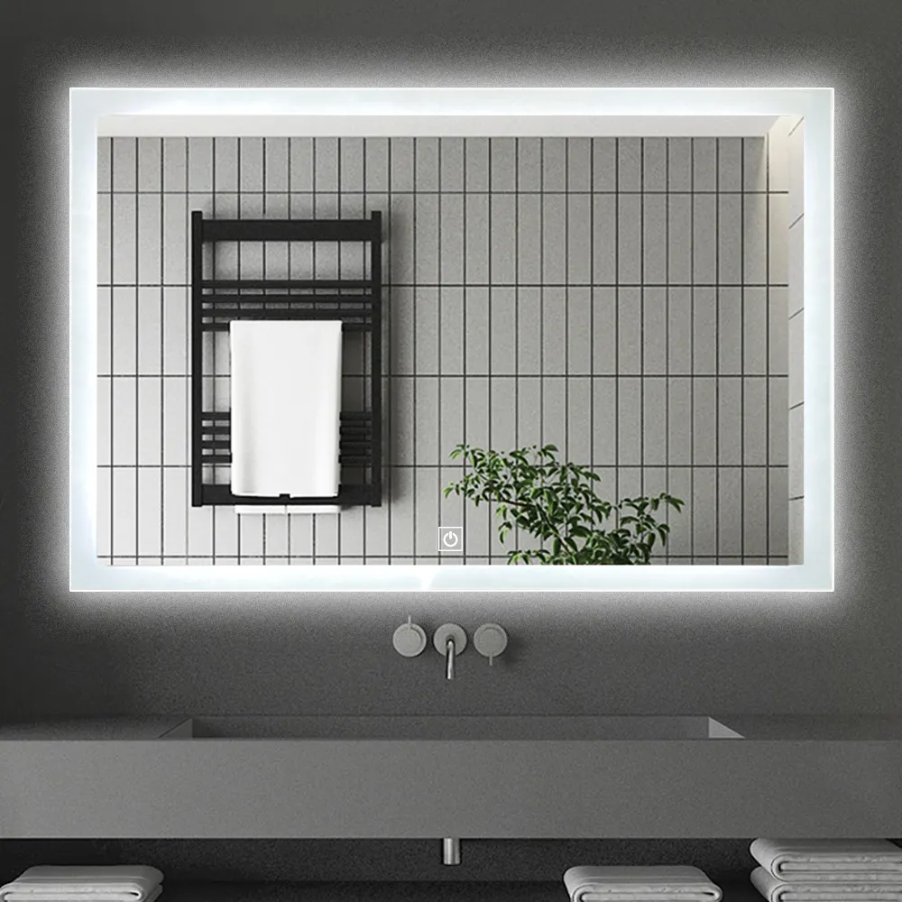 Specchio da bagno di alta qualità con specchio da bagno con luce a LED a forma di rettangolo a parete intelligente antiappannamento con bordo Fitness leggero