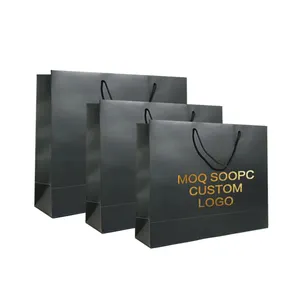 OEM Großhandel Luxus Marke Custom Shopping Print Logo Boutique Tragetaschen schwarz matt Papier Geschenkt üte mit Band