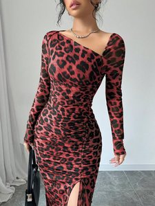 Abito da donna sexy a maniche lunghe con stampa leopardata, girocollo, a vita alta e vestibilità slim, stile europeo-americano, per il nuovo mercato transfrontaliero - Product Image 6