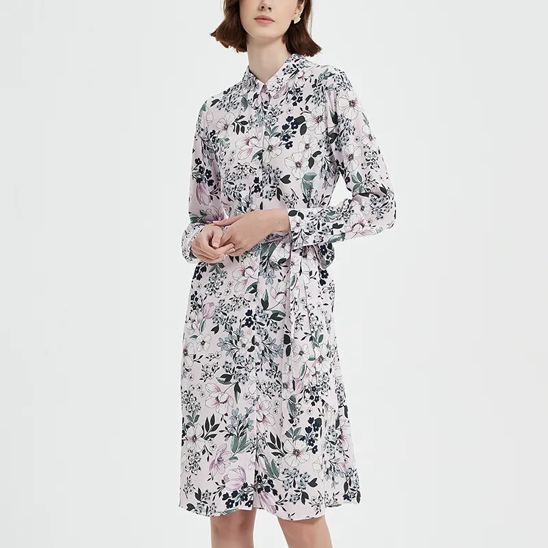 Gaun Midi wanita, Gaun kasual elegan motif bunga dengan sabuk musim panas kualitas terbaik
