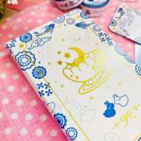 Carnet A6 LABON bleu floral en similicuir avec dorure à chaud, 192 pages, bordure dorée, carreaux quadrillés, agenda de papeterie avec poche arrière