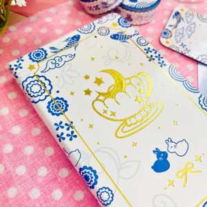 Carnet A6 LABON bleu floral en similicuir avec dorure à chaud, 192 pages, bordure dorée, carreaux quadrillés, agenda <span class=keywords><strong>de</strong></span> papeterie avec poche arrière - Product Image 2