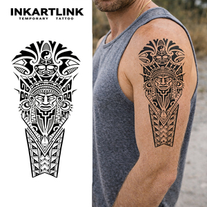 INKARTLINK Autocollant de <span class=keywords><strong>tatouage</strong></span> semi-permanent personnalisé, motif masque tribal maya, art corporel, imperméable, longue durée (1-2 semaines), encre Jagua - Product Image 1