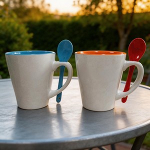 HARVIT White Ceramic Inner Color Glazed Contemporary V-Shape Porcelain Coffee Mug/Cups with Spoon <strong>Cheap</strong> Wholesale Tea Mug Hunan - Product Image 6