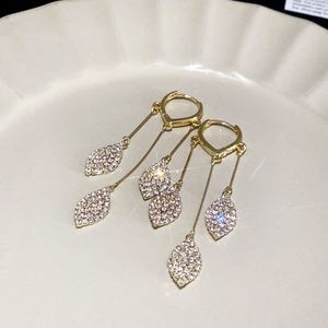 Shiny Rhinestone Leaf Jewelry Tassel Dangle Drop <b>Earrings</b> Gold Plated <b>Stud</b> <b>Earrings</b> - Product Image 3