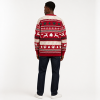 Pull en maille personnalisé avec logo pour homme, motif Fair Isle rouge, col rond, épaules tombantes, coupe longue, en polyester, idéal pour l'automne et l'hiver