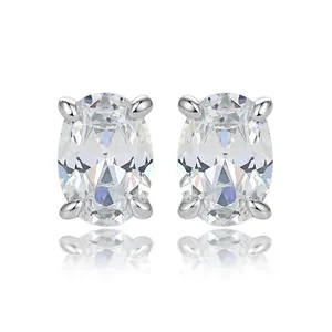 Boucles d'Oreilles Plaque en Argent 925 Femme Ovale Zircon Boucles d'Oreilles Femmes