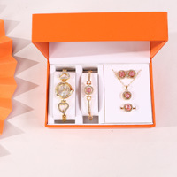 Ensemble cadeau de luxe pour femmes, montre en quartz dorée en métal, bracelet en cristal, collier, boucles d'oreilles, bague, 5 pièces de bijoux, Saint-Valentin