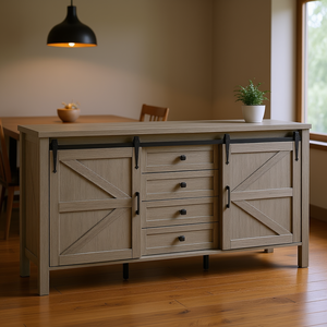 Aparador estilo granja color gris lavado de 59 pulgadas con puertas correderas, 4 cajones y tapa de madera gruesa para bar o comedor - Product Image 2