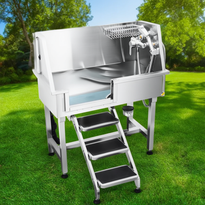 Baignoire de toilettage pour chien en acier inoxydable 34 pouces avec escalier, robinet et porte gauche pour le nettoyage et le bain des animaux - Product Image 2