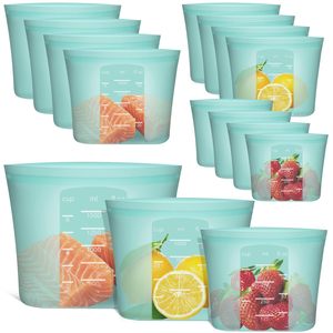 Sacos de Armazenamento de Alimentos Reutilizáveis 100% Silicone, Pacote com 12, Recipientes com Fecho Zip Lock, Seguros para <span class=keywords><strong>Freezer</strong></span>/Micro-ondas/Forno/Lava-louças, 4 de Cada Tamanho - Product Image 1